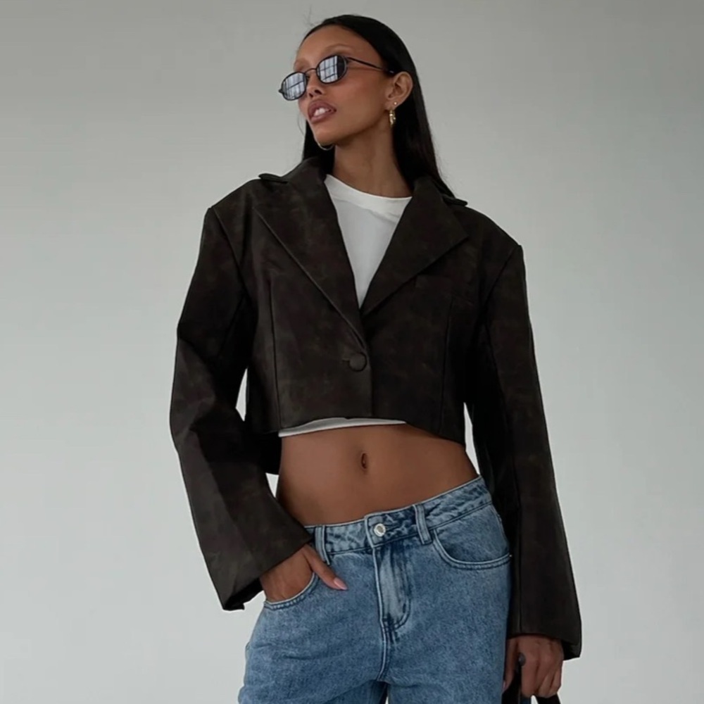 WeWoreWhat Cropped Dark Brown Leather Blazer